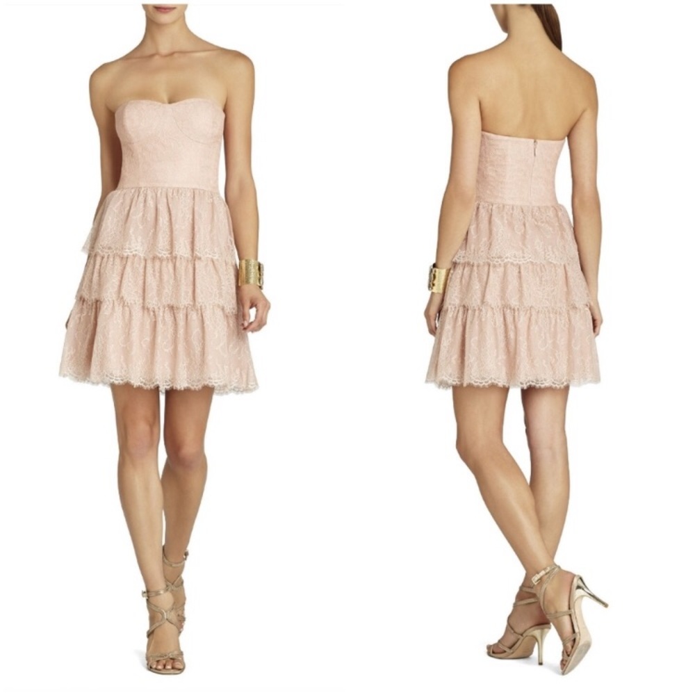BCBGMaxAzria Lilah Tiered-Lace Strapless Dress